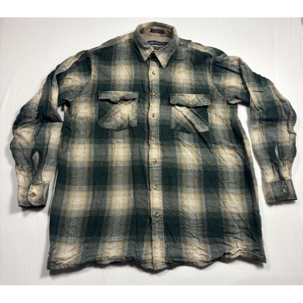 Van Heusen Winterweight Mens Flannel Plaid Shirt LT Green Button Up Long Sleeve